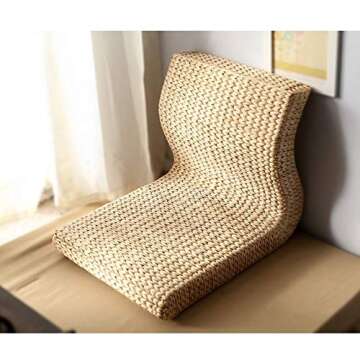 Japanese Style Floor Chair Handcrafted Eco-Friendly Padded Knitted Straw Chair with Backrest Meditation Chair,Hand Woven Tatami Floor Cushion Corn Maize Husk, 17.7x14.1x14.5x2.3inch