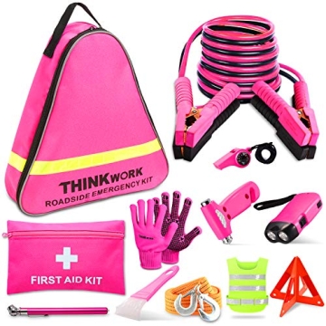 THINKWORK Car Emergency Kit for Teen Girl and Lady's Gifts, Pink Emergency Roadside Assistance kit w...