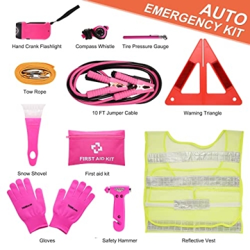 THINKWORK Car Emergency Kit for Teen Girl and Lady's Gifts, Pink Emergency Roadside Assistance kit with 10FT Jumper, First Aid Kit, Safety Hammer, Tow Rope, and More Ideal Pink Car Accessories Tool