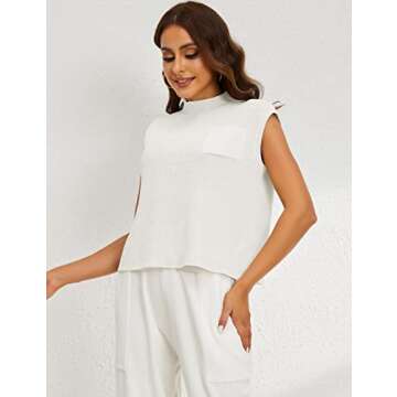 Himosyber Women's Solid Sleeveless Vest Mock Neck Cap Sleeve Knitwear Sweater Tops (White-XL)