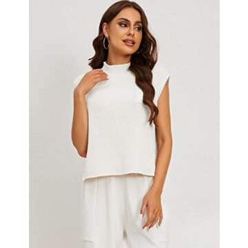 Himosyber Women's Solid Sleeveless Vest Mock Neck Cap Sleeve Knitwear Sweater Tops (White-XL)