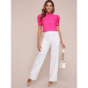 Milumia Women Mock Neck Puff Sleeve Chiffon Blouse Frilled Work Office Solid Top