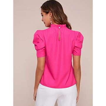 Milumia Women Mock Neck Puff Sleeve Chiffon Blouse Frilled Work Office Solid Top