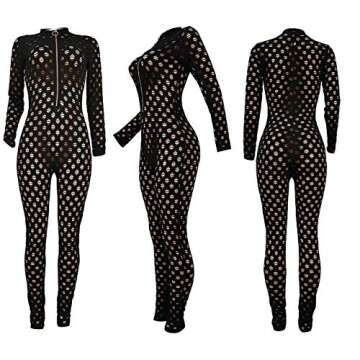 Uni Clau Women One Piece Outfits Mesh Sheer Bodycon Jumpsuit Long Sleeve See Through Party Jumpsuits (CM-Black, Medium)