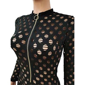 Uni Clau Women One Piece Outfits Mesh Sheer Bodycon Jumpsuit Long Sleeve See Through Party Jumpsuits (CM-Black, Medium)