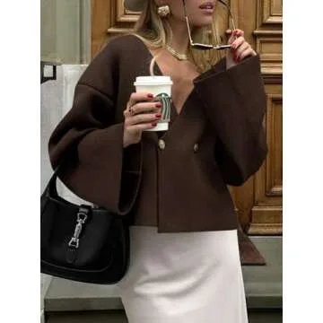 Saodimallsu Womens V Neck Cardigans Long Bell Sleeve Button Down Open Front Loose Knit Fall Sweater Blazer Coffee