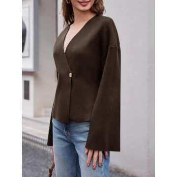Saodimallsu Womens V Neck Cardigans Long Bell Sleeve Button Down Open Front Loose Knit Fall Sweater Blazer Coffee