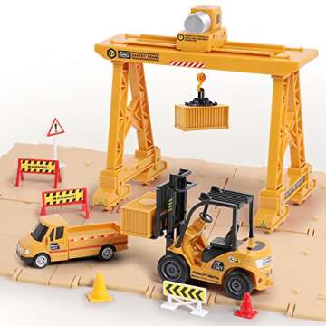 iPlay, iLearn Construction Truck Toy Set, Cargo Transport Vehicles Site Playset, Gantry Crane, Trail...