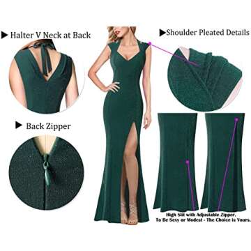 VFSHOW Womens Shiny Green V Halter Neck Celebrity Pleated High Split Formal Evening Wedding Prom Party Maxi Long Dress 9729 GRN M