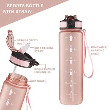 EYQ 32 oz Water Bottle with Time Marker, Carry Strap, Leak-Proof Tritan BPA-Free, Ensure You Drink Enough Water for Fitness, Gym, Camping, Outdoor Sports (Rose Pink)
