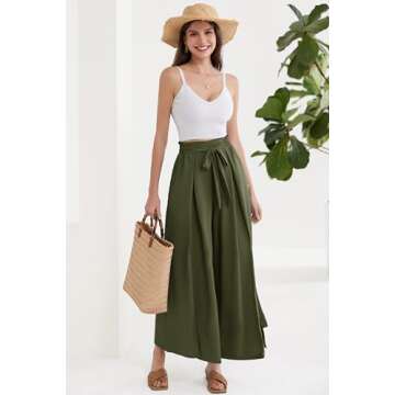 GRACE KARIN Women's Wide Leg Pants with Pockets High Waist Adjustable Knot Loose Casual Trousers Business Work Casual Pants Army Green S