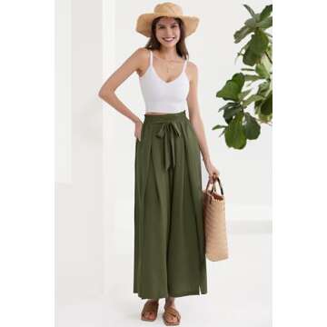 GRACE KARIN Women's Wide Leg Pants with Pockets High Waist Adjustable Knot Loose Casual Trousers Business Work Casual Pants Army Green S