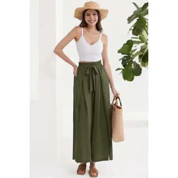 GRACE KARIN Women's Wide Leg Pants with Pockets High Waist Adjustable Knot Loose Casual Trousers Business Work Casual Pants Army Green S