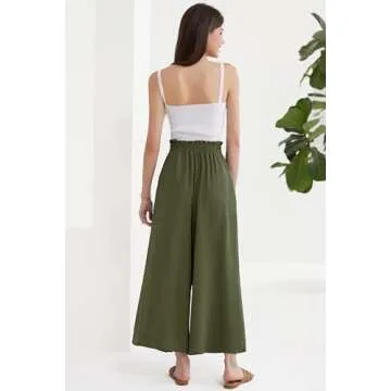 GRACE KARIN Women's Wide Leg Pants with Pockets High Waist Adjustable Knot Loose Casual Trousers Business Work Casual Pants Army Green S