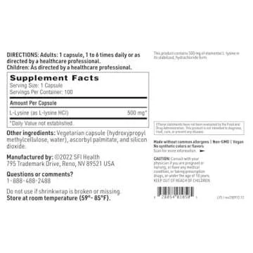 Klaire Labs L-Lysine - 500 Milligrams Essential Amino Acid Support for Immune Health & Collagen Formation, Hypoallergenic & Dairy-Free (100 Capsules)