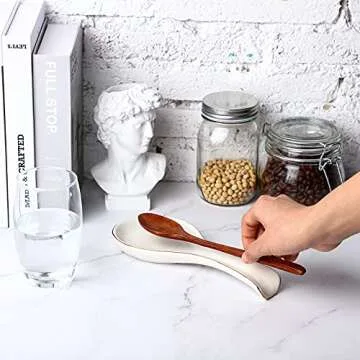 Patelai Ceramic Spoon Rest Spoon Holder Stovetop for Kitchen Stove Coffee Bar Accessories(White with Gold Brim)