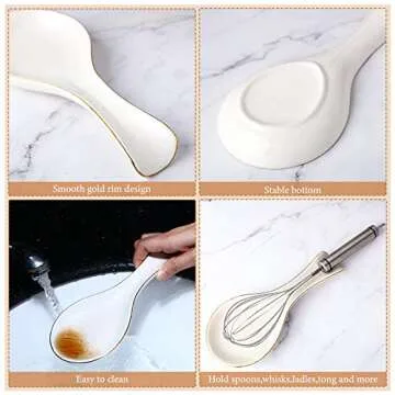 Patelai Ceramic Spoon Rest Spoon Holder Stovetop for Kitchen Stove Coffee Bar Accessories(White with Gold Brim)