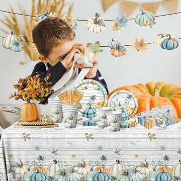 142PCS Fall Party Tableware Supplies Disposable Blue Pumpkin Dinnerware Decorations with Banner,Tabl...