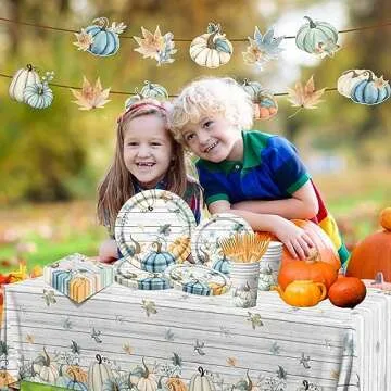 142PCS Fall Party Tableware Supplies Disposable Blue Pumpkin Dinnerware Decorations with Banner,Tablecloth,Paper Plates,Cups,Napkins for Autumn Fall Wedding Thanksgiving Party Supplies
