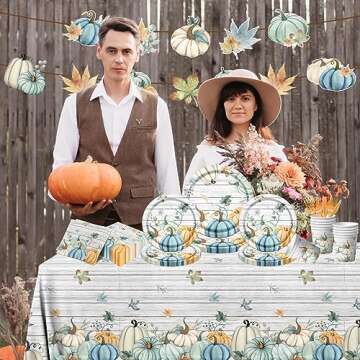 142PCS Fall Party Tableware Supplies Disposable Blue Pumpkin Dinnerware Decorations with Banner,Tablecloth,Paper Plates,Cups,Napkins for Autumn Fall Wedding Thanksgiving Party Supplies