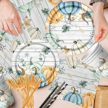 142PCS Fall Party Tableware Supplies Disposable Blue Pumpkin Dinnerware Decorations with Banner,Tablecloth,Paper Plates,Cups,Napkins for Autumn Fall Wedding Thanksgiving Party Supplies