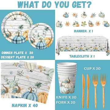 142PCS Fall Party Tableware Supplies Disposable Blue Pumpkin Dinnerware Decorations with Banner,Tablecloth,Paper Plates,Cups,Napkins for Autumn Fall Wedding Thanksgiving Party Supplies
