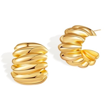 Frigotine Large Chunky Gold Puffy Geometric Stud Earrings for Women, Trendy Statement Hammered Textu...