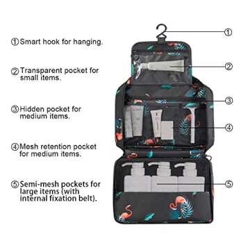 Toiletry Bag for Women, Reibeny Large Hanging Travel Toiletry Bag, Water-resistant Cosmetic Makeup Organizer for Toiletries and Cosmetics, Bathroom Shower Bag with Handle and Hook, Black