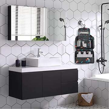 Toiletry Bag for Women, Reibeny Large Hanging Travel Toiletry Bag, Water-resistant Cosmetic Makeup Organizer for Toiletries and Cosmetics, Bathroom Shower Bag with Handle and Hook, Black