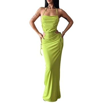 Women Sexy Spaghetti Strap Backless Maxi Dress Lace Up Bodycon Party Dress Bandage Halter Evening Cl...