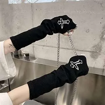 Women Gloves Goth Arm Sleeve Cool Black Moon Cross Printed Hip Hop Arm Warmers