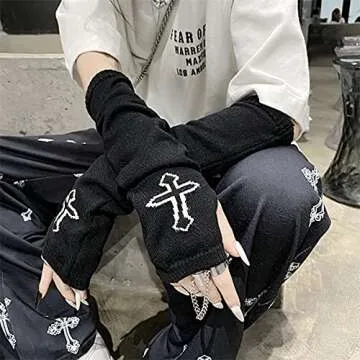 Women Gloves Goth Arm Sleeve Cool Black Moon Cross Printed Hip Hop Arm Warmers