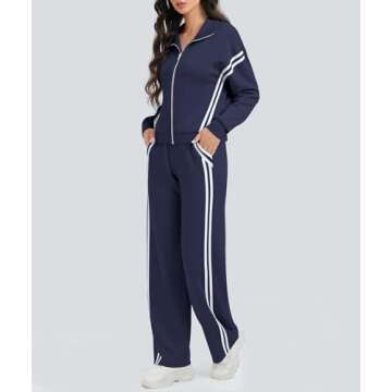 Casly Lamiit Sweat Suit for Women 2 Piece Set Athletic Jogging Track Jackets Loose Fit Wide Leg Sweatpants Jogger Matching Sets Women Clothing Teacher Outfits Navy Blue S