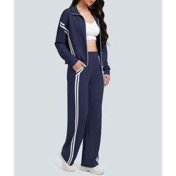 Casly Lamiit Sweat Suit for Women 2 Piece Set Athletic Jogging Track Jackets Loose Fit Wide Leg Sweatpants Jogger Matching Sets Women Clothing Teacher Outfits Navy Blue S