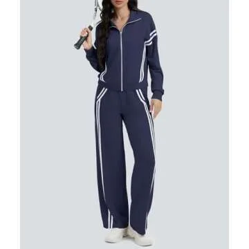 Casly Lamiit Sweat Suit for Women 2 Piece Set Athletic Jogging Track Jackets Loose Fit Wide Leg Sweatpants Jogger Matching Sets Women Clothing Teacher Outfits Navy Blue S