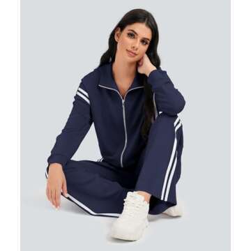 Casly Lamiit Sweat Suit for Women 2 Piece Set Athletic Jogging Track Jackets Loose Fit Wide Leg Sweatpants Jogger Matching Sets Women Clothing Teacher Outfits Navy Blue S