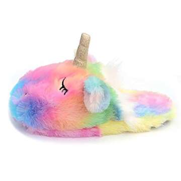 Stuffed Animal Unicorn Slippers | Cute Rainbow Llama Plush Slippers | Alpaca Plush Home Shoes | Fluffy Girls Slippers (5-6 US Women, Rainbow Unicorn)