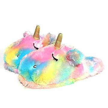 Stuffed Animal Unicorn Slippers | Cute Rainbow Llama Plush Slippers | Alpaca Plush Home Shoes | Fluffy Girls Slippers (5-6 US Women, Rainbow Unicorn)