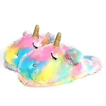 Stuffed Animal Unicorn Slippers | Cute Rainbow Llama Plush Slippers | Alpaca Plush Home Shoes | Fluffy Girls Slippers (5-6 US Women, Rainbow Unicorn)