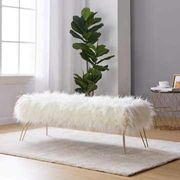 Ornavo Home Faux Fur Ottoman with Gold Legs 15x45 Inches