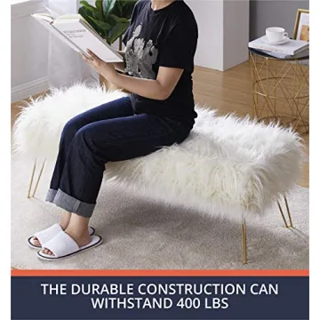 Ornavo Home Faux Fur Ottoman with Gold Legs 15x45 Inches