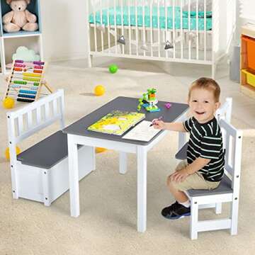 Costzon 2 in 1 Kids Table and Chair Set, Wood Activity Table with Toy Storage Bench & 2 Chairs for Children Reading, Arts, Crafts, Snack Time, Homework, Playroom, Toddler Table and Chairs (Grey)