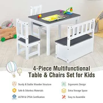 Costzon 2 in 1 Kids Table and Chair Set, Wood Activity Table with Toy Storage Bench & 2 Chairs for Children Reading, Arts, Crafts, Snack Time, Homework, Playroom, Toddler Table and Chairs (Grey)
