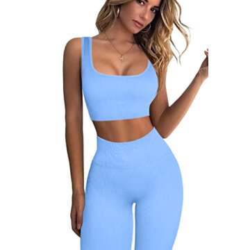 QINSEN Ribbed Workout Outfits for Women 2 Piece Seamless Sport Bra High Waist Yoga Leggings Sets Sky...