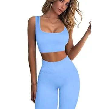 QINSEN Ribbed Workout Outfits for Women 2 Piece Seamless Sport Bra High Waist Yoga Leggings Sets Sky...