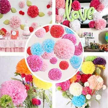 iShyan 12 Pcs Assorted Rainbow Colors Tissue Paper Pom Poms Flower Balls for Birthday Wedding Party Baby Shower Decorations