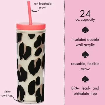 kate spade new york Insulated Tumbler with Reusable Straw, Leopard Print 24 Ounce Acrylic Travel Cup with Lid, Forest Feline