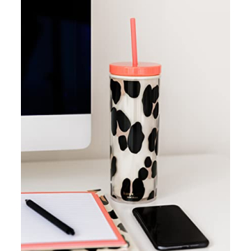 kate spade new york Insulated Tumbler with Reusable Straw, Leopard Print 24 Ounce Acrylic Travel Cup with Lid, Forest Feline