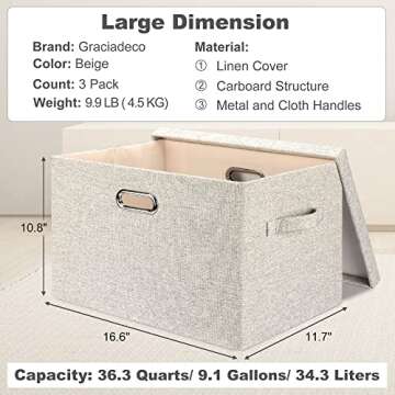 Graciadeco Large 17" 36 Quart Collapsible Stackable Storage Bins with Lids, 3 Packs Beige Linen Fabr...
