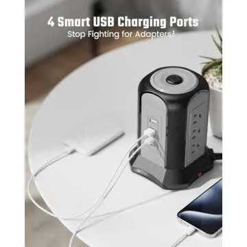 Power Strip Tower Surge Protector, SUPERDANNY Desktop Charging Station, 10 Ft Extension Cord, 9 Outlets, 4 USB Ports, 1080 Joules, 3-Prong, Grounded, Multiple Protections for Home, Office, Black